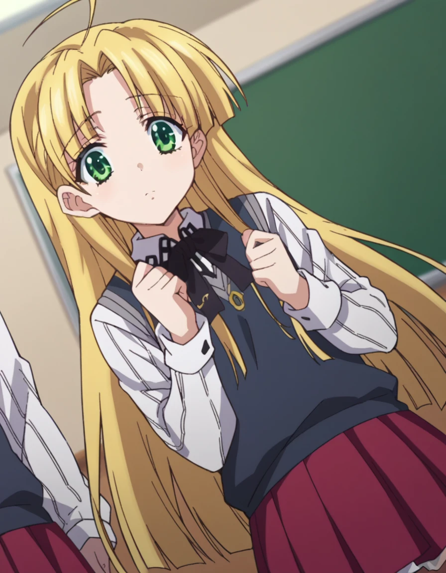 score_9, score_8_up, score_7_up, source_anime,
asiaargento, <lora:asia-argento-ponyxl-lora-nochekaiser:1>,
asia argento, long hair, blonde hair, green eyes, parted bangs, ahoge,
skirt, shirt, long sleeves, ribbon, school uniform, pleated skirt, vest, red skirt, sweater vest,
indoors, classroom,
looking at viewer, dutch angle, cowboy shot,