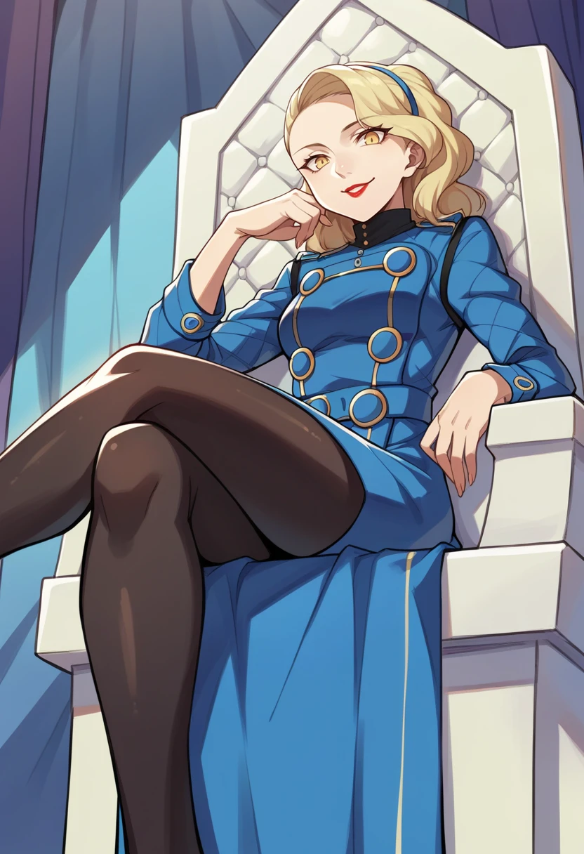 score_9, score_8_up, score_7_up, source_anime BREAK 1girl, solo,   <lora:zs_MargaretXL:1> margaretp4, blonde hair, long hair, yellow eyes, headband, dress, long sleeves, black pantyhose, high heels, lipstick, sitting, crossed legs, royal blue theme, throne, seductive smile, from below