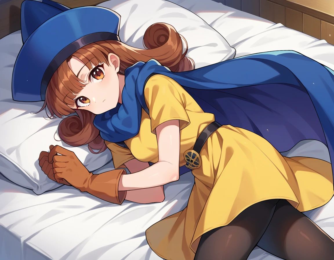 score_9, score_8_up, score_7_up, source_anime,
dqalena, <lora:dq-alena-ponyxl-lora-nochekaiser:1>,
alena, brown eyes, brown hair, curly hair, long hair,
cape, dress, gloves, hat, pantyhose, yellow dress, scarf, short sleeves,
indoors, bed, bed room, on side,
looking at viewer, dutch angle, cowboy shot,
