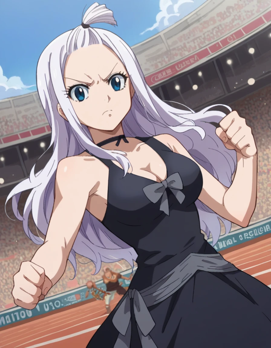 score_9, score_8_up, score_7_up, source_anime,
mirajanestrauss, <lora:mirajane-strauss-ponyxl-lora-nochekaiser:1>,
mirajane strauss, long hair, blue eyes, white hair, forehead,
dress, cleavage, bare shoulders, choker, black dress,
outdoors, colosseum, audience, angry, fighting stance,
looking at viewer, dutch angle, cowboy shot,
