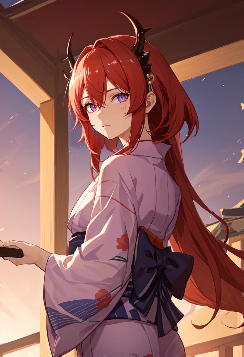 best quality, masterpiece, highres, solo, (surtr_arknights:1.10), (yukata:1.30), (kimono:1.15), 25 <lora:surtr_arknights:0.80>