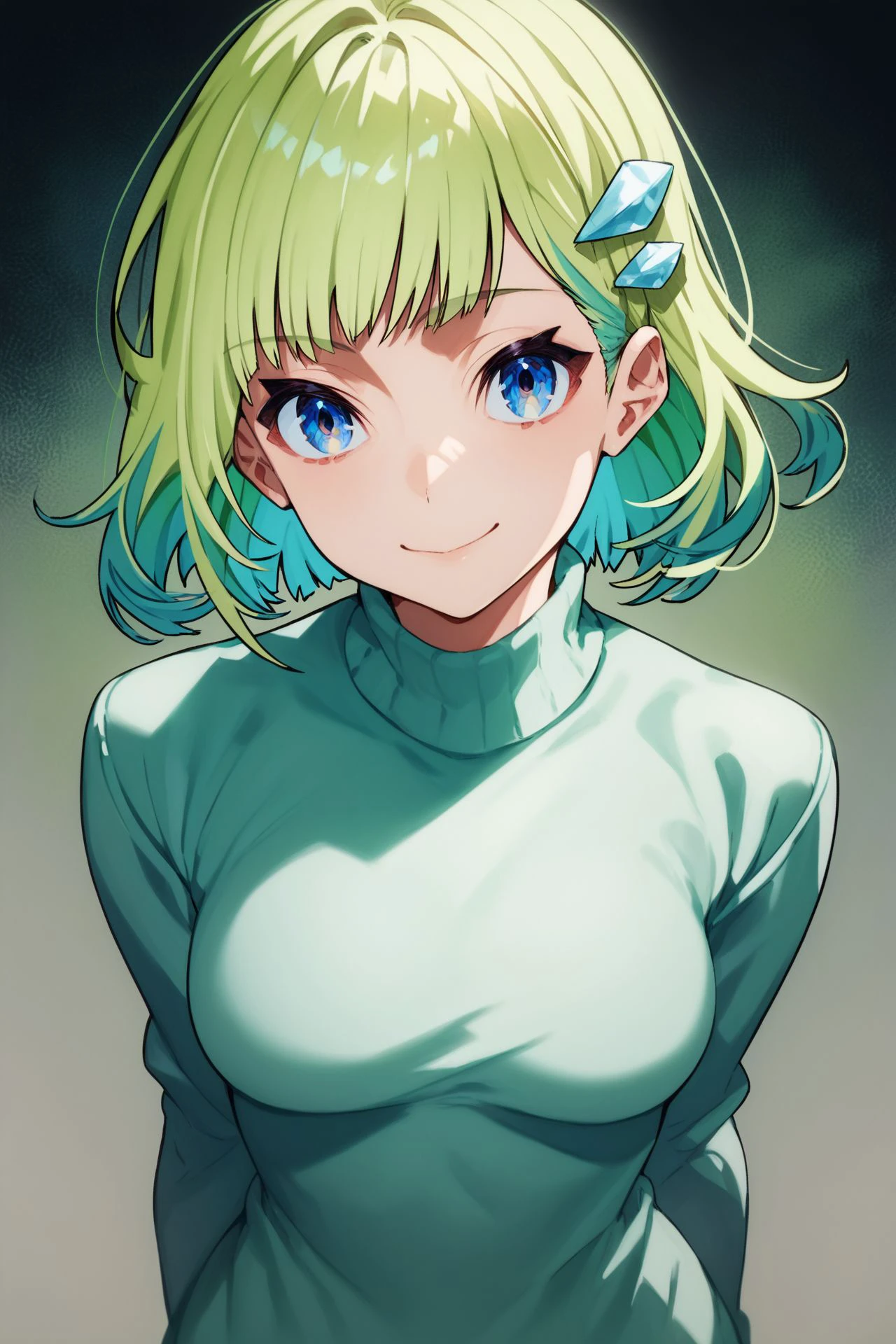 score_9, score_8_up, score_7_up, 1girl, looking at viewer, hands_behind_back, seductive smile, green hair, multicolored hair, textured bangs, hair ornament, ice blue eyes, medium breasts, light green sweater, pov, abstract background, <lora:mika_pikazo_PonyXL_style_v01:1>