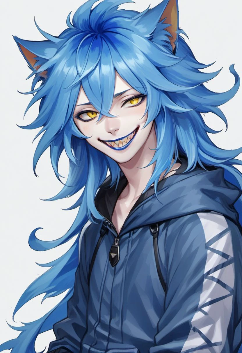 twst_idia, blue hair, fiery hair, messy hair, long hair, yellow eyes, bags under eyes, thin eyebrows, blue lips, sharp teeth, pale skin
1boy, male focus, detailed eyes
cat ears, slit pupils, fluffy, grin, smile, fangs, cat paws, yellow background