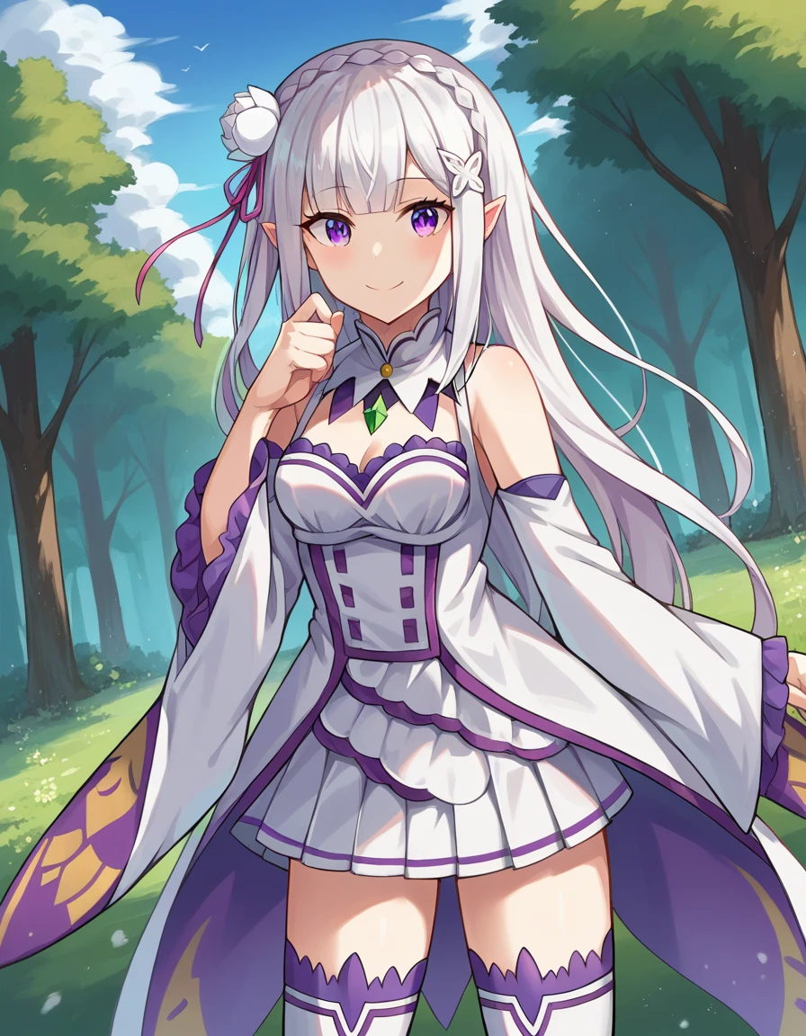 score_9, score_8_up, score_7_up, source_anime,
rezeroemilia, <lora:rezero-emilia-ponyxl-lora-nochekaiser:1>,
emilia, braid, crown braid, flower, hair flower, hair ornament, hair ribbon, long hair, pointy ears, purple eyes, white hair, x hair ornament, smile,
detached collar, detached sleeves, frilled sleeves, frills, long sleeves, miniskirt, pleated skirt, ribbon, skirt, thighhighs, white skirt, white sleeves, white thighhighs, wide sleeves, zettai ryouiki,
outdoors, forest, nature, village,
looking at viewer, dutch angle, cowboy shot,