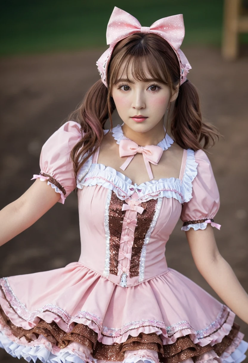 (hyper realistic, best quality, highly details), detailed eyes, perfect hands, yua mikami, brown hair, brown eyes, medium breasts, round hips, narrow waist,  idol dress, pink dress, hair bow, cleavage, short sleeves, ribbon,  on a outdoor stage, performing, singing, dancing, cowboy shot,  looking at viewer, depth of field, <lora:Mikami_Face_Only_v1:1>  <lora:xl_idol_dress-2.0:0.8>