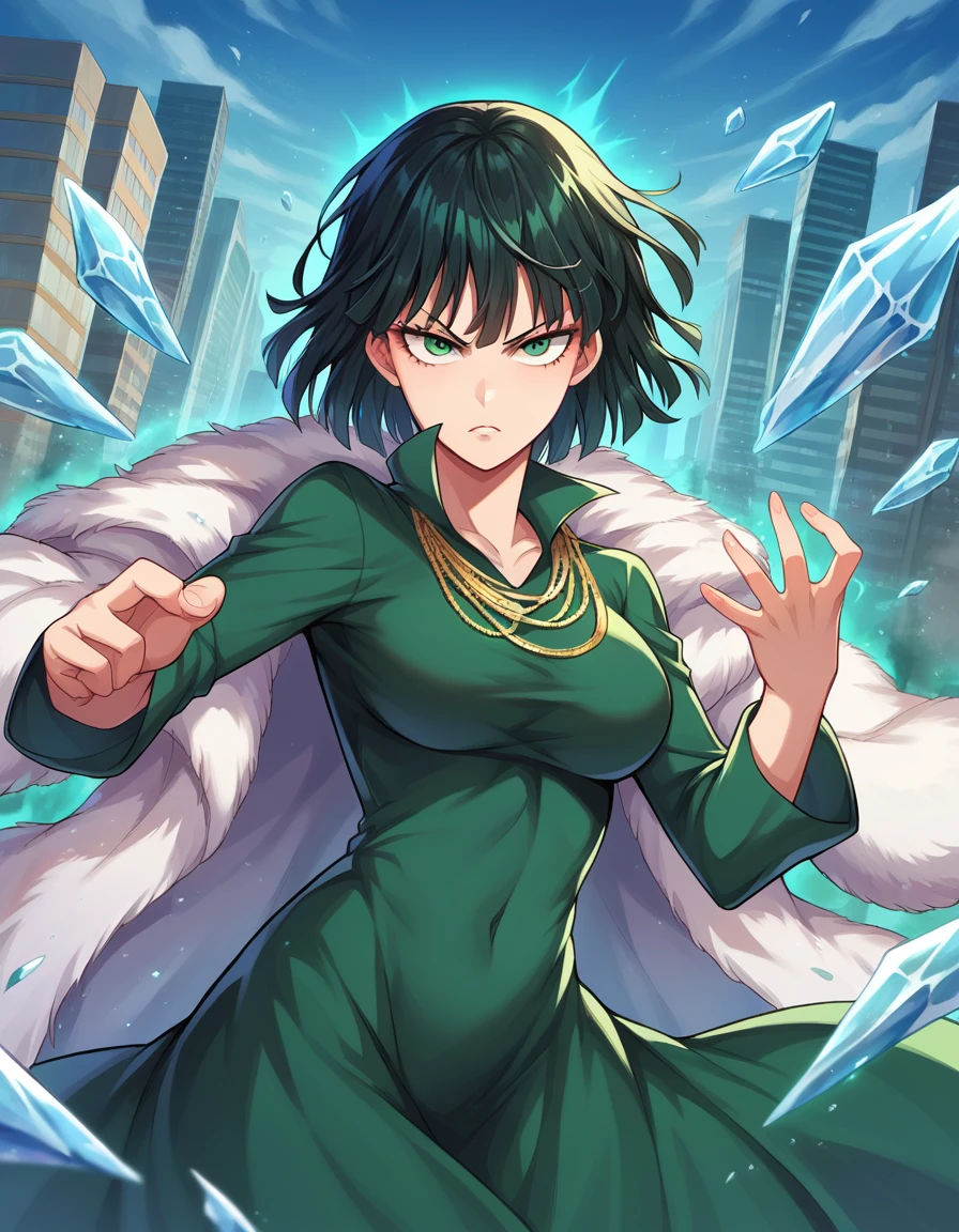 score_9, score_8_up, score_7_up, source_anime,
fubuki, <lora:opm-fubuki-ponyxl-lora-nochekaiser:1>,
fubuki, black hair, green eyes, short hair,
black dress, dress, fur coat, high collar, jewelry, necklace, off shoulder, taut clothes, taut dress,
outdoors, cityscape, magic, fighting stance, ice, ice magic,
looking at viewer, dutch angle, cowboy shot,