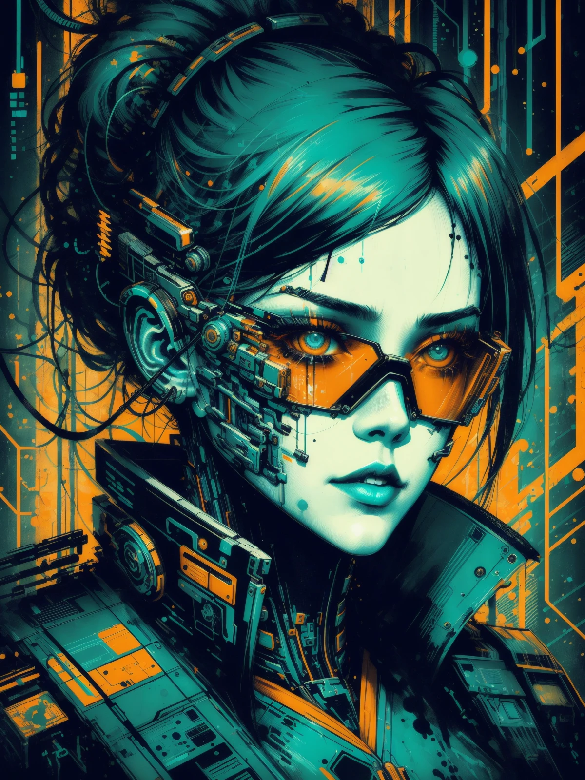 graphic design t-shirt, flat design, futuristic cyberpunk girl in mix of tones, sexy body, topless, flashing tits, small tits, metal skin, metal nipples, laser beams, colorful tones, clean highly detailed, vector image, smoke explosion, simple background, flat white background, bright vector ((white background) )