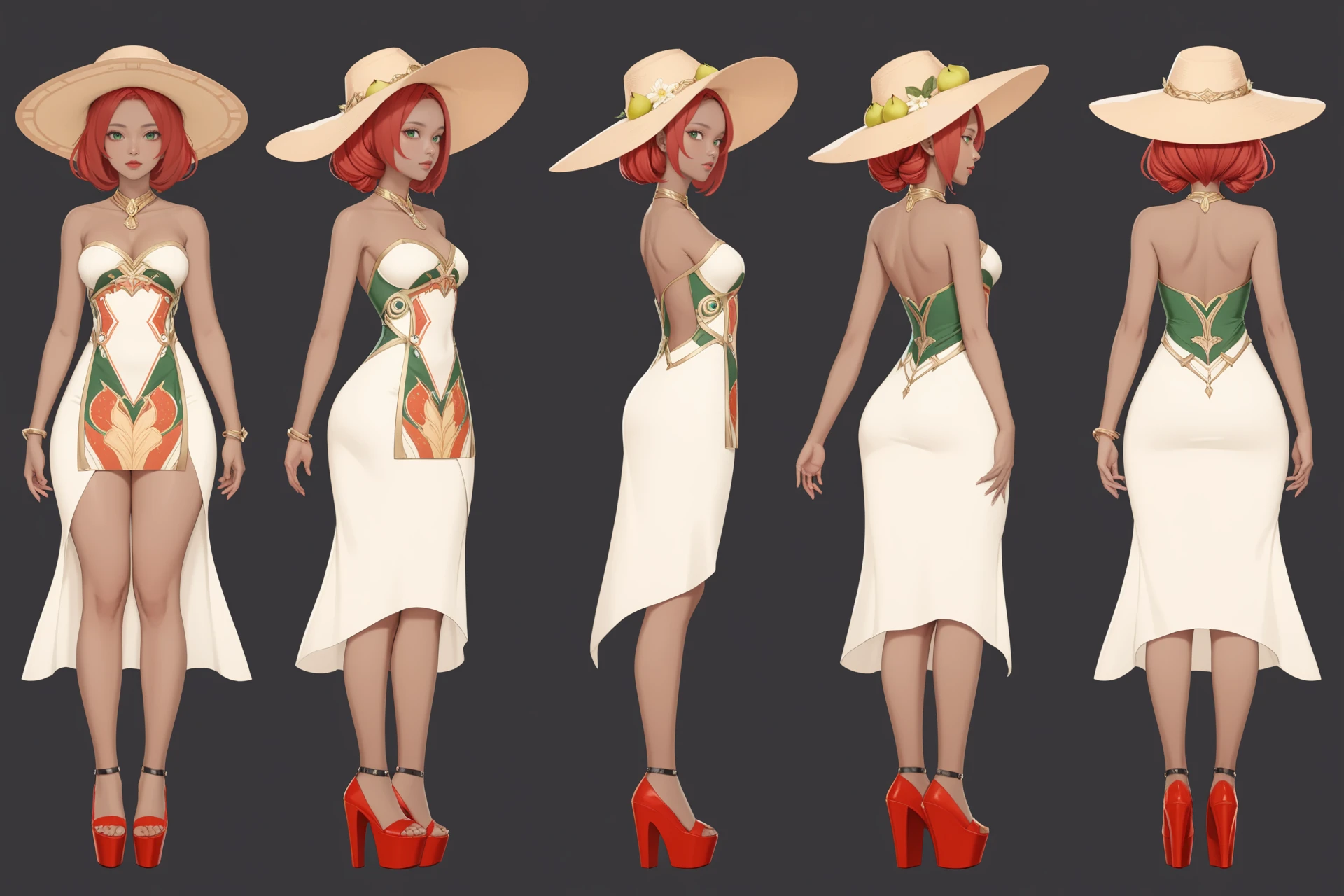 (GENERAL:0), 1girl, masterpiece, best quality, very aesthetic, absurdres, solo, standing,
(VIEWS:0),  full body character turnaround of 1lady,
Multiple views of the same character in the same outfit,  simple background, white background, multiple views, side view, back view, front view,
bald, 
ringlets,
Box braids hairstyle,
red hair,
Pear-shaped,
Ethiopian,
Ivory Skin,
green eyes,
Fashion-forward attire with a printed dress, wide-brimmed hat, and platform heels, 
red 
holy  
theme character design,  
Leona\(League Of Legends\),
 <lora:ClothTurnXL_v1-000003:.75>,
charturn,  <lora:CharTurnXL_v2:.25>, 
 <lora:xl_more_art-full_v1:.25>,
 <lora:Alphonse Mucha Style:.1>, Alphonse Mucha Style page
 <lora:å½é£æç»SDXL:.1>