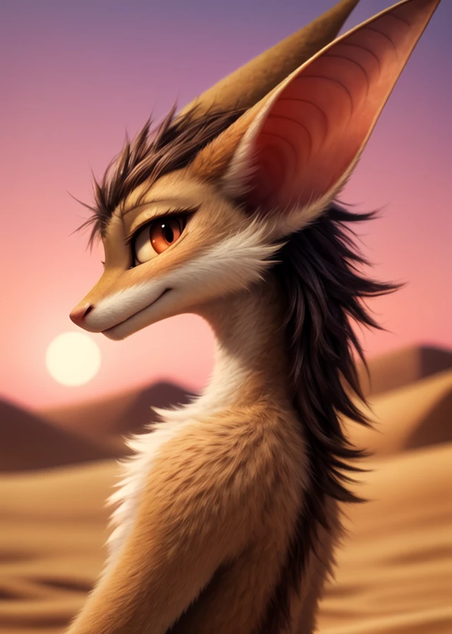 [by Somanyfangs, by Mamaduo:by Silverfox5213:0.5],
feral solo (yinglet:1.25), standing,
(side view, half-length portrait, looking at viewer),
sand, (desert, dune, large moon, afterglow, pink sky, moon light),
BREAK,
masterpiece, best quality, ultra realistic, 4k, 2k,
(high detail, blurred background:1.3), film photography, RAW photo, photorealistic, analog style, subsurface scattering, photorealism, absurd res
