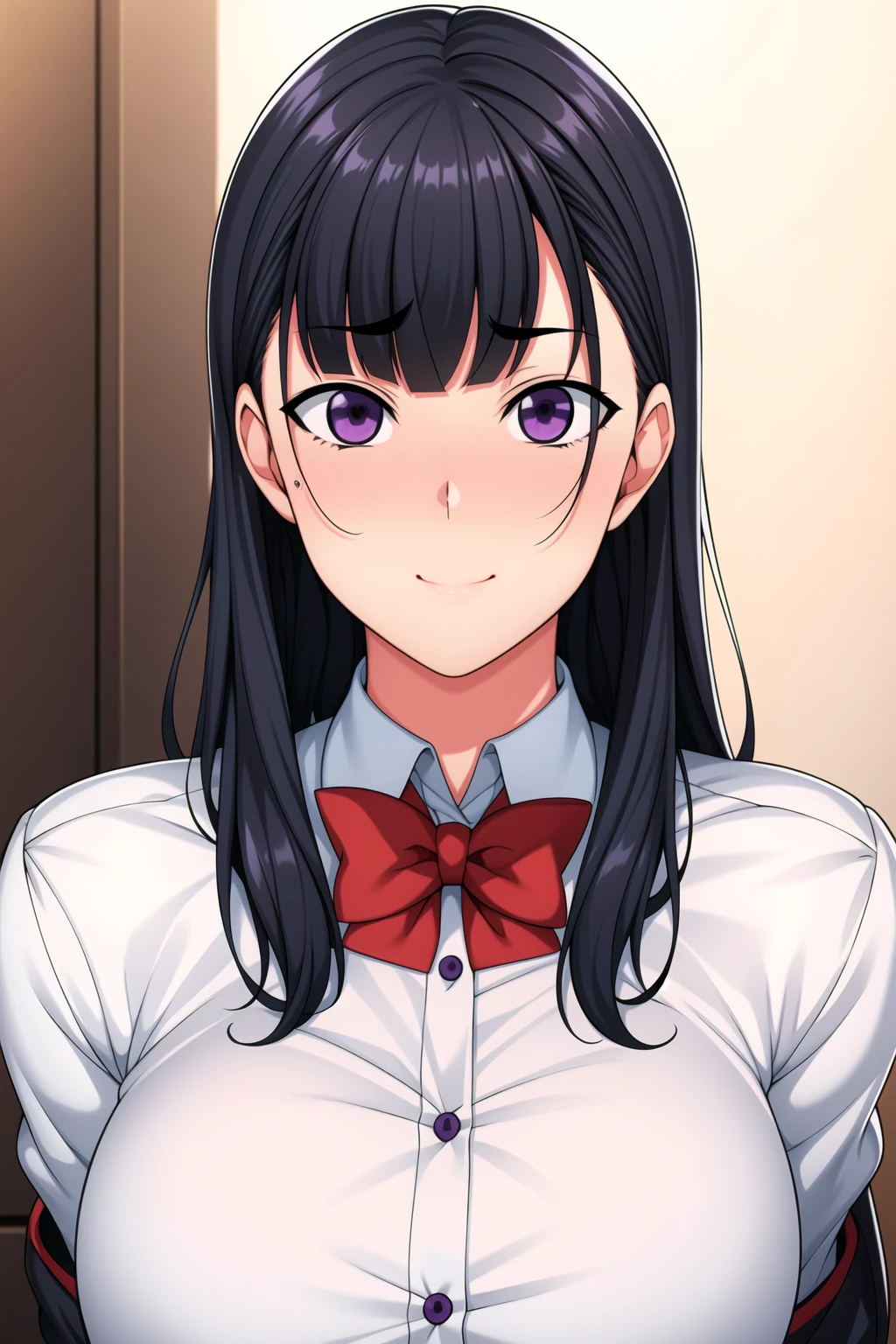 masterpiece,(blowjob,sucking penis:1.2),(pink eyes),humid,high resolution,ultra detailed,face focus,close up,realistic,seductive anime woman,black hair,straight hair,(tareme),thick lips,sweaty,mature woman,(blushed and happy:1.5),drooling,excessive cum,sweaty,frilled blouse,empty eyes,(flying heart shapes around face:1.3),