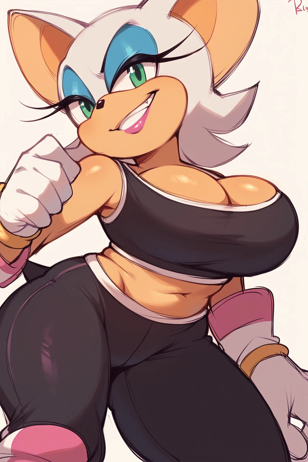 Furry, loaded on e621, rouge the bat [sharp focus], [questionable content], 1girl,standing, looking at viewer, seductive look,open mouth,big breasts,heavy bust, short t-shirt, neckline,tight pants,thick thighs,big ass,,van bottom