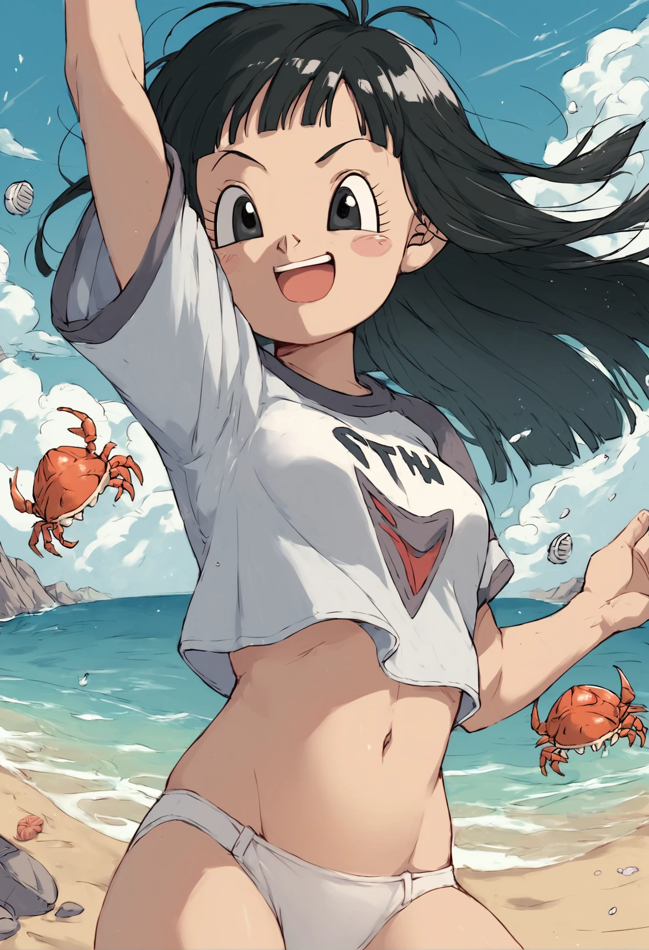 (score_9, score_8_up), score_7_up, score_6_up, score_5_up, score_4_up, pan \(dragon ball\), 1girl, black hair, black eyes <lora:Pan_DBS_XL_Pony_Edition:1> aged up, , white shirt, crop top, white panties, beach, :D, waving, one arm up, sea, clouds, crabs, shells, wind, long hair <lora:AnimeOriginalArtStyleShadow_PONYXL_d4a1:1>