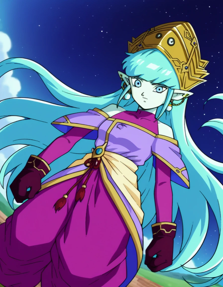 score_9, score_8_up, score_7_up, source_anime,
dragonballaeos, <lora:dragonball-aeos-ponyxl-lora-nochekaiser:1>,
aeos formtwo, long hair, gloves, jewelry, blue hair, earrings, pointy ears, pants, aqua hair, (colored skin:1.5), baggy pants, dress, (purple dress:1.5), leotard, (pink leotard:1.5),
outdoors, space, stars \(sky\),
looking at viewer, dutch angle, cowboy shot,
