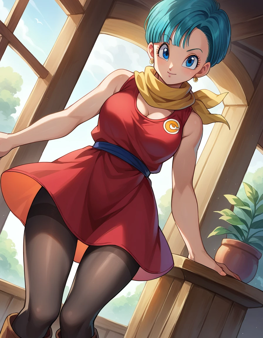 score_9, score_8_up, score_7_up, source_anime,
dragonballbulma, <lora:dragonball-bulma-ponyxl-lora-nochekaiser:1>,
bulma, blue eyes, blue hair,
bare shoulders, boots, cleavage, dress, earrings, jewelry, pantyhose, red dress, scarf, short dress, short hair, sleeveless, sleeveless dress, very short hair, yellow scarf,
indoors,
looking at viewer, dutch angle, cowboy shot,