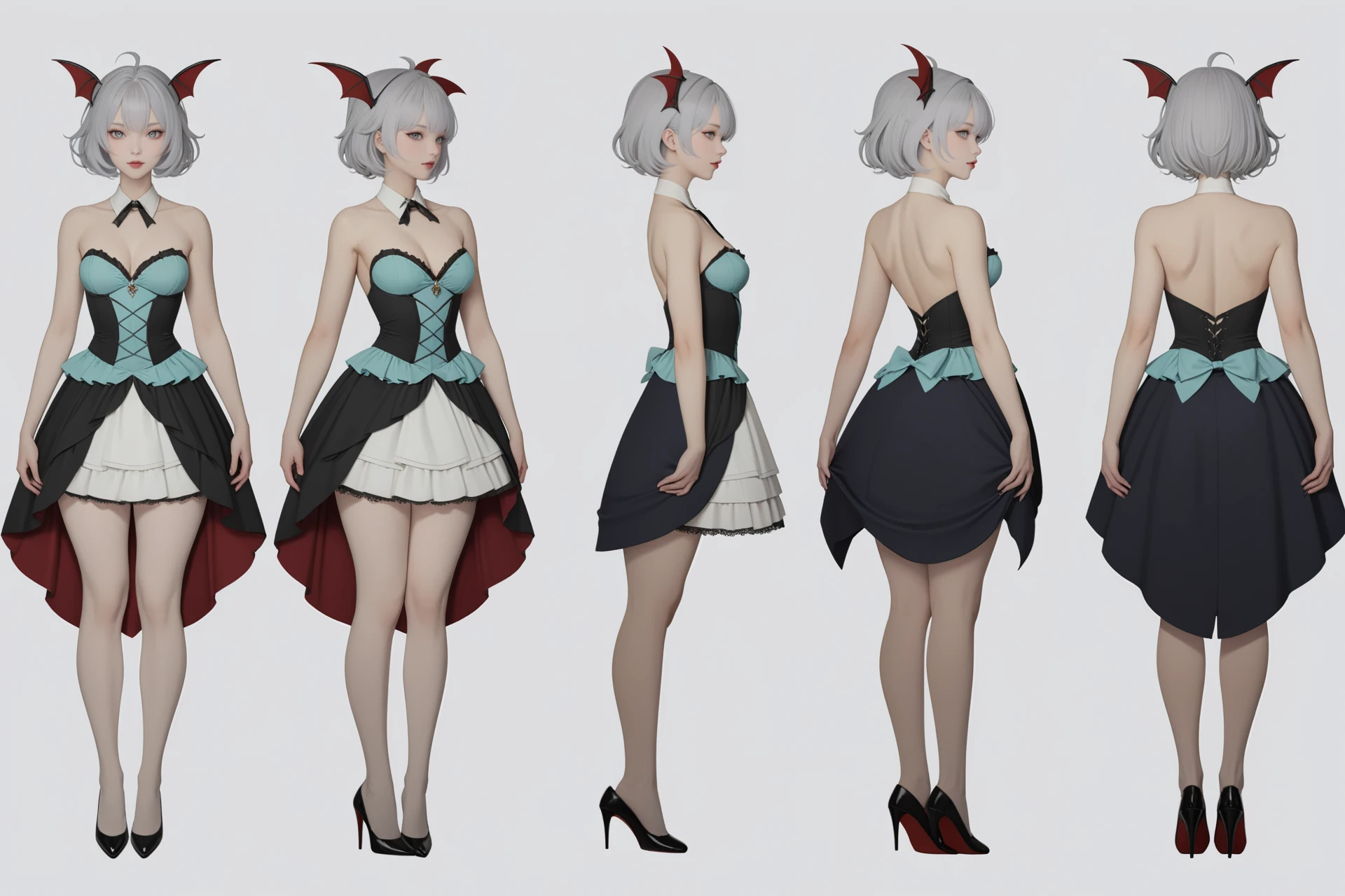 (GENERAL:0), 1girl, masterpiece, best quality, very aesthetic, absurdres, solo, standing,
(VIEWS:0),  full body character turnaround of 1lady,
Multiple views of the same character in the same outfit,  simple background, white background, multiple views, side view, back view, front view,
very short hair, 
flipped hair,
High and tight hairstyle,
silver hair,
Compact and muscular,
Swiss,
Beige Skin,
grey eyes,
vintage-inspired fit-and-flare dress with a sweetheart neckline and a full skirt,, 
cyan 
Alien  
theme character design,  
Felicia \(Vampire\),
 <lora:ClothTurnXL_v1-000003:.75>,
charturn,  <lora:CharTurnXL_v2:.25>, 
 <lora:xl_more_art-full_v1:.25>,
 <lora:Alphonse Mucha Style:.1>, Alphonse Mucha Style page
 <lora:å½é£æç»SDXL:.1>