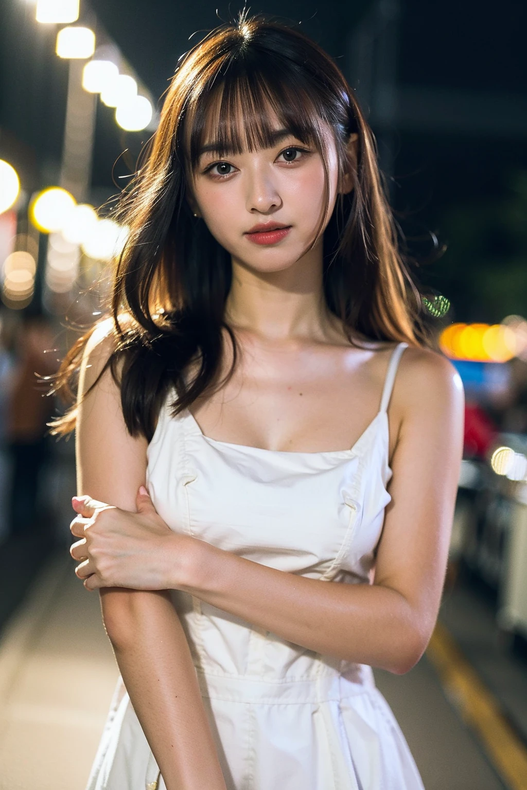 8K, masterpiece, RAW Photos, Highest quality, detailed:1.2),Realistic, Extremely detaileded CG unifies 8K, 8K, diamond, wallpaper, Written boundary depth, Cinematic Light, Lens flare, Ray Tracing, (Very beautiful face, Beautiful Lips, Beautiful Eyes), intricate detailed face, ((ultra detaileded skin)) One Girl, Deep Shadow, Cute Korean Girl, K-POPアイドル,(Very slim and slender muscular body:1.3), ((Viewer Display)),(Big smile), (Bodycon mini dress), (White Dress), (Injection Sleeve) , Background city night, (Neon Signs), Cute Korean Girl, Earrings, Bangles, necklace, pantyhose, Clear Eyes, walk , (Pale skin), look forward to, (Big eyes), ((Upper Body Shot)), Bodycon mini dress, Silk mini dress , Synthwave Color Dress, Black Choker, Turn back, Side Shot, slim, Healthy Thighs, Thigh Gap
