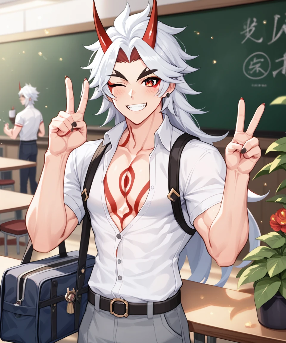 score_9, score_8_up, score_7_up, score_6_up, score_5_up, score_4_up, source_anime, arataki itto, red eyes, genshin impact, white hair, long hair, oni horns, 1boy, male focus, oni horns, red hair, looking at viewer, from front, blush, smile, solo, one eye closed, wink, peace sign, v, school, white buttoned shirt, school bag, portrait, standing, cafe, tables, blackboard, depth of field, light particles, plants, muscular,  <lora:ittoPDXL:1>