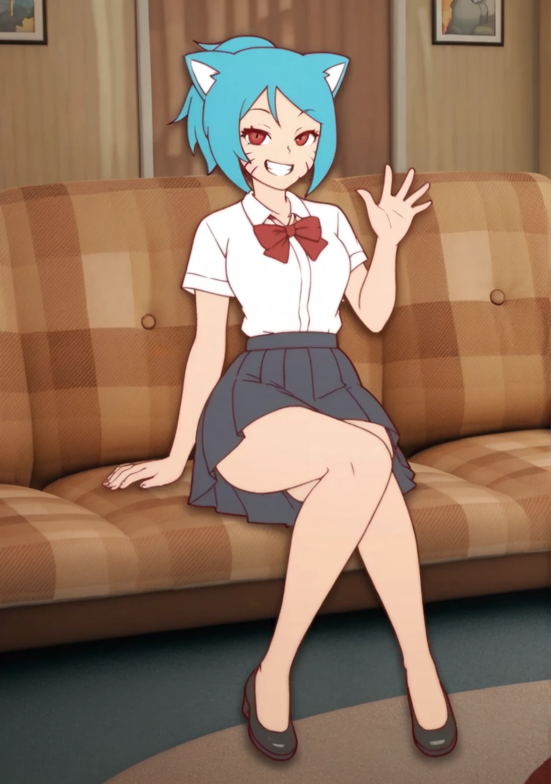  anime screenshot
1girl, manyakis, nicole watterson, animal ears, ponytail, blue hair, red eyes, facial mark, collared shirt, skirt
Full body, looking at viewer, sitting, on couch,  grin, waving, (nude)