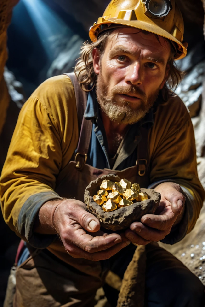 RAW Photography,17th century,close-up miner holding a gold nugget, cave, (sharpness in detail:1.1), Canon EOS 5D Mark IV, masterpiece, 35mm photograph, (iconic photograph:1.4), (visual storytelling:1.2), film grain, award winning photography,vibrant use of light and shadow, vivid colors,high quality textures of materials, volumetric textures perfect composition, dynamic play of light, rich colors, epic shot, perfectly quality, natural textures,high detail, high sharpness, high clarity, detailed ,photoshadow, intricate details, 8k