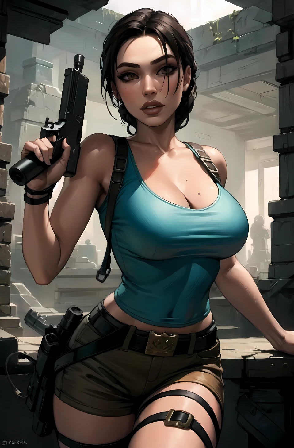 Lara Croft, teal tanktop, brown shorts, , cleavage, masterpiece, best quality, temple interior, holding gun, parted lips, straps, looking at viewer