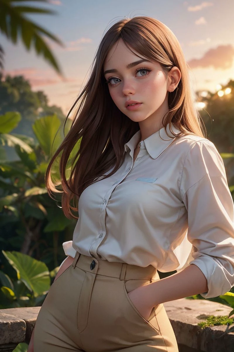 photo of S358_MerceGallardo,a stylish woman,in a (jungle:1.1),wearing a (beige-shirt:1.1),(beige-pants),(sunset),(4k, RAW photo, best quality, 35mm, depth of field, ultra high res:1.1),(absurdres, intricate, photorealistic, cinematic-shot, masterpiece, ultra-detailed:1.1),