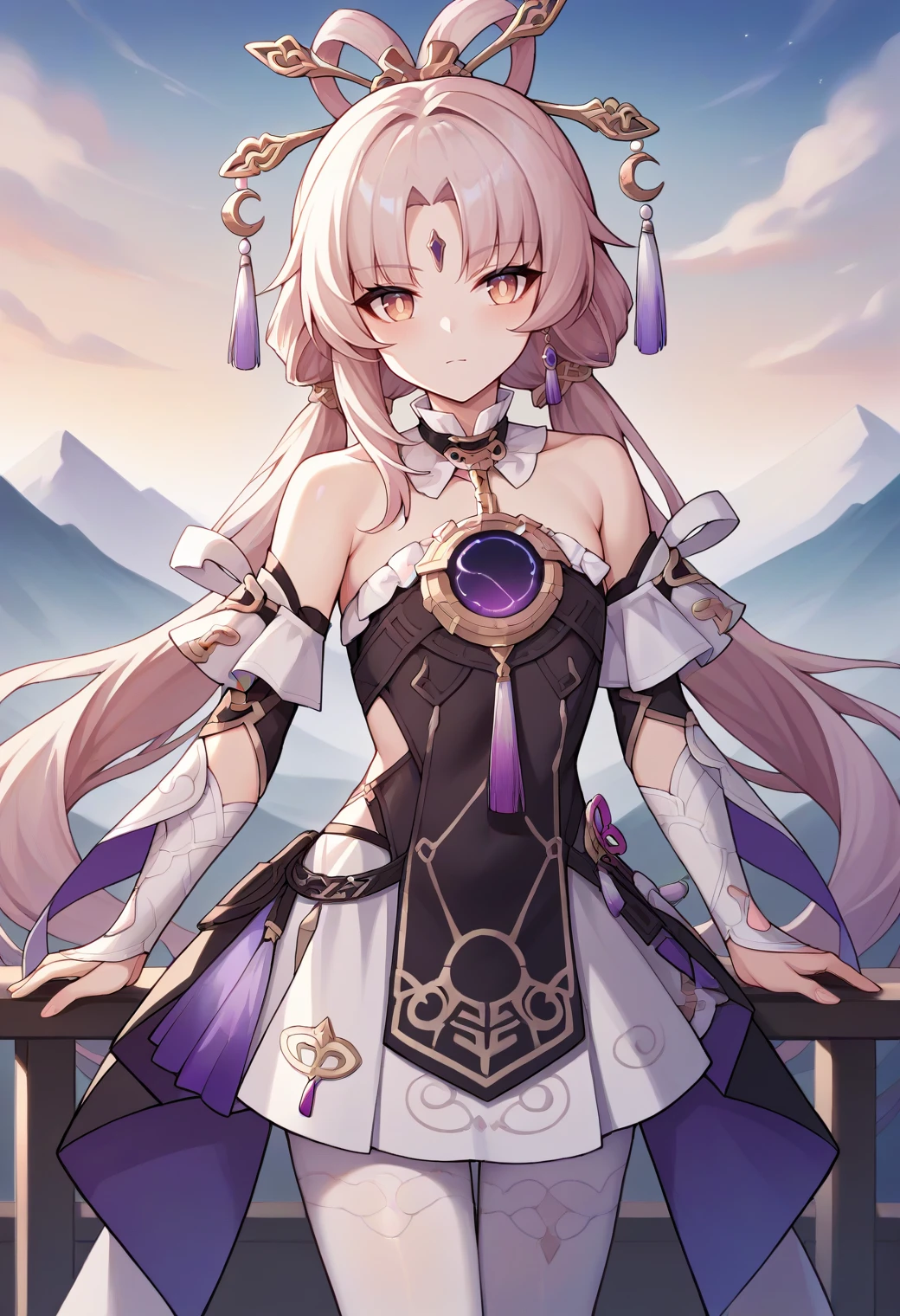 score_9,score_8_up,score_7_up,score_6_up,score_5_up,score_4_up, source_anime,
1girl, fu xuan \(honkai: star rail\), hair ornament, long hair, dress, chest jewel, pantyhose, detached sleeves, forehead mark, choker, flat chest,
cowboy shot, outdoors, solo, straight-on, looking at viewer, mountainous horizon, sunset,
<lora:fuxuanponyxl:1>