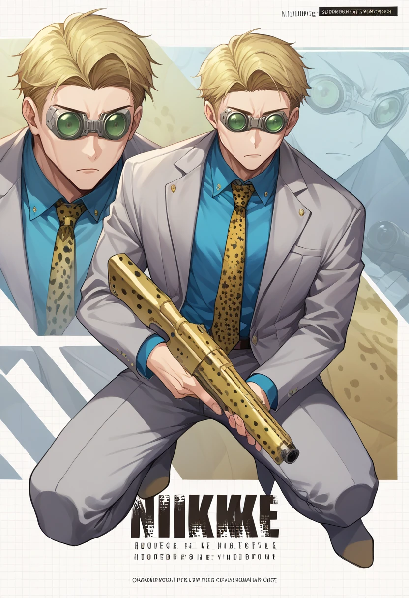 score_9, score_8_up, source_anime, 1boy, solo, NanamiBase, blonde hair, short hair, goggles, grey jacket, yellow necktie, leopard print, blue shirt, collared shirt, grey pants, ncrsNikkeProfile, full body, zoom layer, holding weapon, holding gun, one knee, <lora:ChamKentoNanamiPonyXL:1>, <lora:NIKKEProfile_PDXL:1.0>