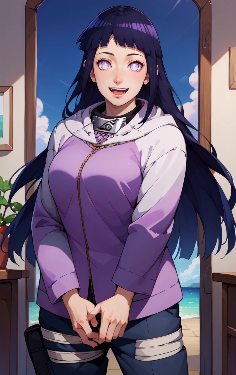 Masterpiece, highres, high Quality, detailed face, detailed body render, 1girl, solo, hyuuga hinata, hinata-sleeveless-outfit, large breasts, big breast, sleeveless shirt, fishnet top, dark lips, unzipped jacket, no bra, breasts out, nipple, standing, blushes, (on bedroom)