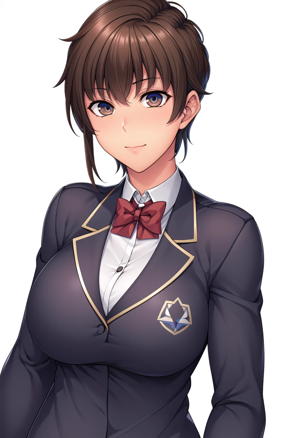 Simple White Background,
dynamic pose,standing at attention,
school_uniform,Blue_jacket,red_bowtie, pleated_skirt,thighhighs,black legwear,long sleeves,
<lora:Nagisa_Fujima_SaiminSeishidou-KK77-V1:0.7>,
brown eyes, brown hair,bangs,short hair,
<lora:Oda_Non_Style-KK77-V2:0.3>,<lora:SaiminSeishidou_Lesson_Style-KK77-V1:0.1>,<lora:more_details:0.1>,
1 girl, 20yo,Young female,Beautiful long legs,Beautiful body,
Beautiful Nose,Beautiful character design, perfect eyes, perfect face,expressive eyes,perfect balance,
looking at viewer,(Focus on her face),closed mouth, (innocent_big_eyes:1.0),(Light_Smile:0.3),
official art,extremely detailed CG unity 8k wallpaper, perfect lighting,Colorful, Bright_Front_face_Lighting,Shiny skin,
(masterpiece:1.0),(best_quality:1.0), ultra high res,4K,ultra-detailed,
photography, 8K, HDR, highres, absurdres:1.2, Kodak portra 400, film grain, blurry background, bokeh:1.2, lens flare, (vibrant_color:1.2),professional photograph,
(Beautiful,large_Breasts:1.2), (beautiful_face:1.5),(narrow_waist),