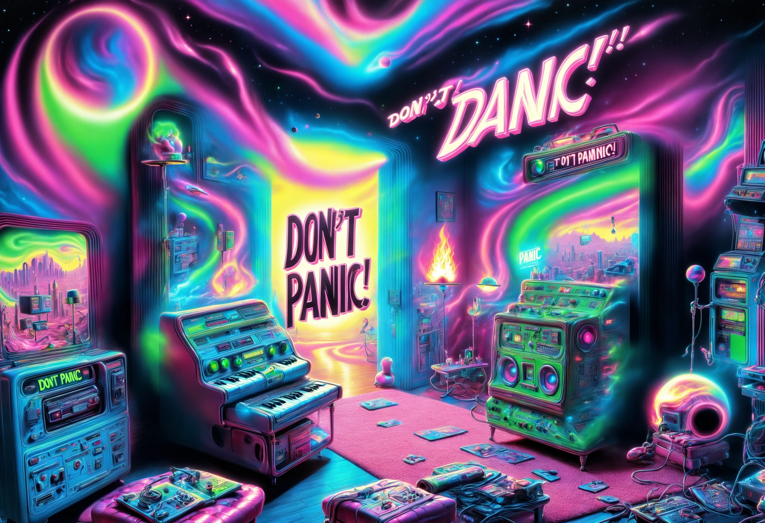 DonMD0n7P4n1cXL, text "DON'T PANIC!", hyper detailed masterpiece, dynamic realistic digital art, awesome quality,tenacious mansion,vr technology surroundings,lush tinkering station motion blur,synthwave sunset, fitness,medical equipment,acrid,antique,flames,flare,simple life,skills,collapsing,mystical  <lora:DonMD0n7P4n1cXL:1>