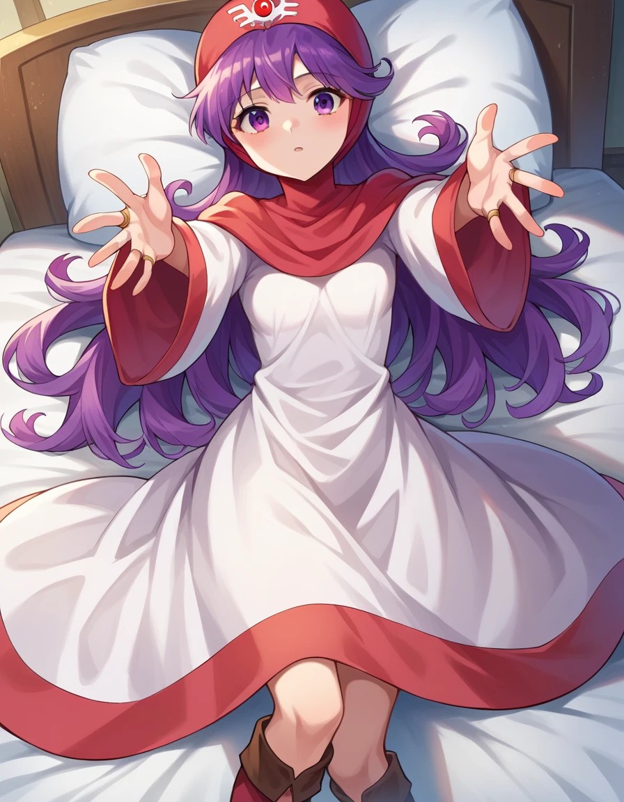 score_9, score_8_up, score_7_up, source_anime,
princessofmoonbrook, <lora:princess-of-moon-brook-ponyxl-lora-nochekaiser:1>,
princess of moonbrook, purple eyes, purple hair, long hair,
boots, bridal gauntlets, dress, hood, hood up, long sleeves, red footwear, white dress, wide sleeves,
indoors, bed, bed room, on back, arm support, arms up, incoming hug, pov, reaching, reaching towards viewer,
looking at viewer, dutch angle, cowboy shot,