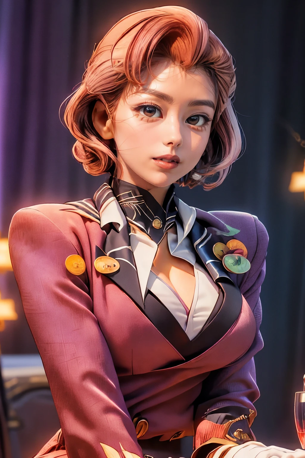 cinematic film still 1girl, solo, ((purple theme)), beautiful adult woman, eyeliner, eyeshadow, makeup, black lips ((strawberry blonde hair)) hair,best quality, high quality, high detail, 4k, 8k resolution,rim lighting ,st3w4rd3ss, uniform, white gloves, lapel, garrison cap, flight pin, name tag, pencil skirt, scarf, cuffs, large breasts, hourglass figure . shallow depth of field, vignette, highly detailed, high budget, bokeh, cinemascope, moody, epic, gorgeous, film grain, grainy,cleavage, ,
<lora:Outfit_StewardessAeroflot:0.8>
<lora:yasukosawaguchilora:1>