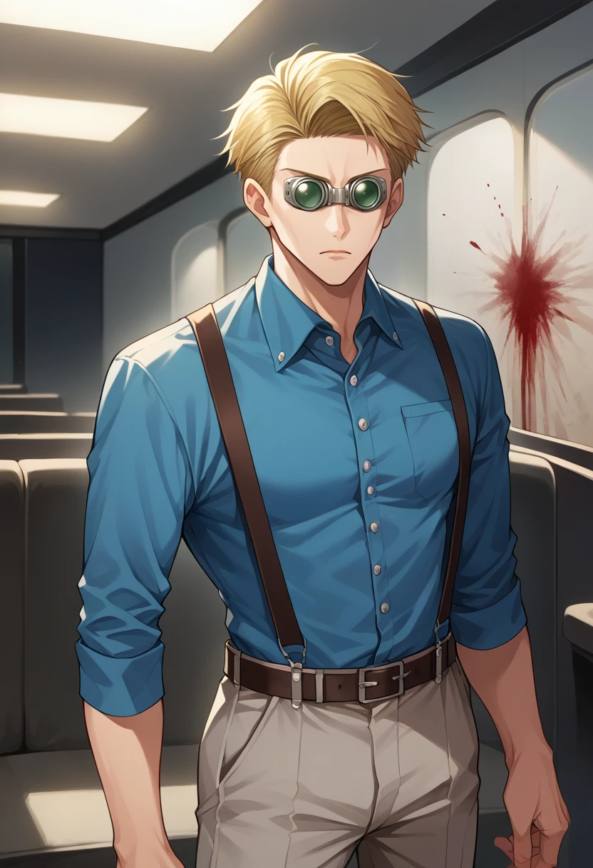 score_9, score_8_up, source_anime, 1boy, solo, NanamiBase, blonde hair, short hair, goggles, blue shirt, collared shirt, suspenders, grey pants, indoors, cinema, dark, blood, standing, <lora:ChamKentoNanamiPonyXL:1>