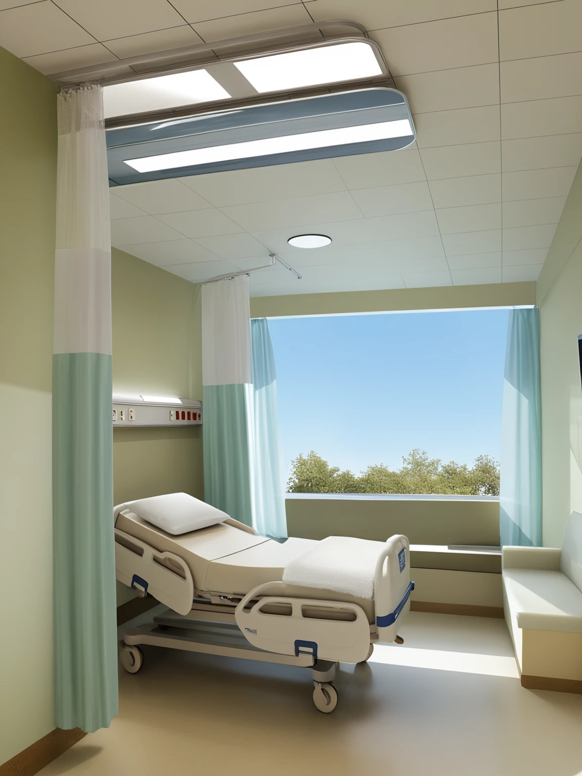<lora:JJsHospitalWard_XL:1>, ((Hospital Ward)) , ((best quality)),((masterpiece)),((realistic)), indoors, bed, chair, table, photorealistic, authentic, indoor scenery,  highly detailed, ceiling light, towel, transparent curtains, glass, lamp, glass, window, sky,