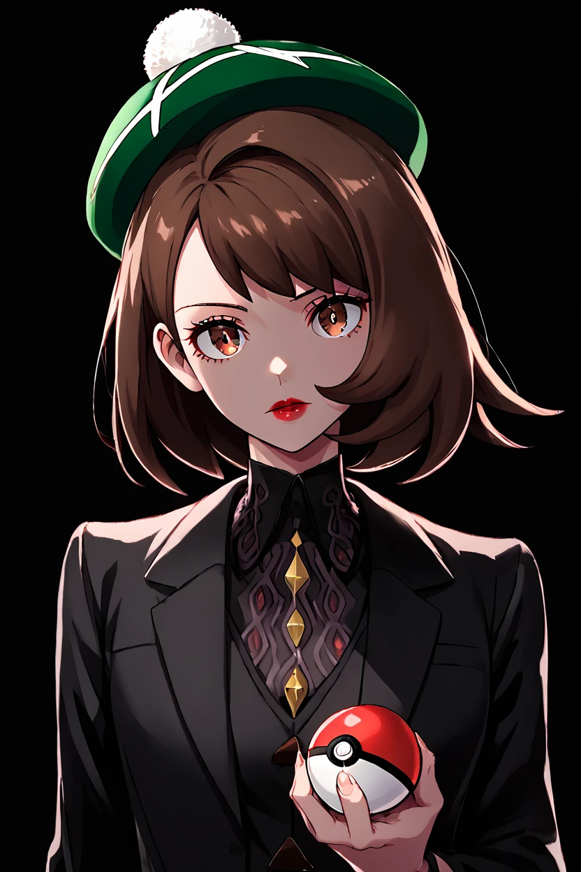 high resolution, highly detailed, perfect lighting, beautiful detailed eyes, upper body, black background, 1girl, solo,  <lora:Gloria_Pokemon_P1:0.8>,     gloria (pokemon),  green hat, brown hair, brown eyes,  looking at viewer, black jacket, formal, suit, black background, red lips,    curvy,  head tilt,  shiny clothes,  holding pokeball,