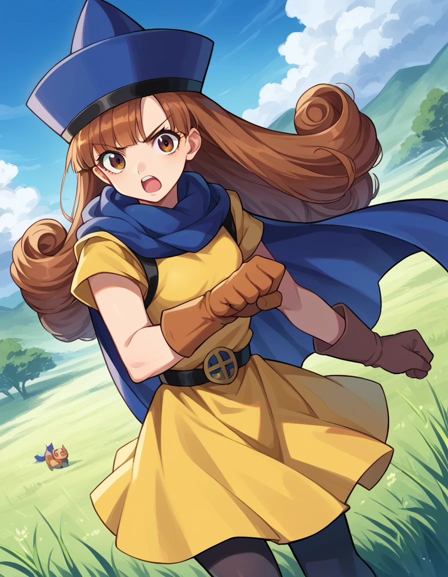 score_9, score_8_up, score_7_up, source_anime,
dqalena, <lora:dq-alena-ponyxl-lora-nochekaiser:1>,
alena, brown eyes, brown hair, curly hair, long hair,
cape, dress, gloves, hat, pantyhose, yellow dress, scarf, short sleeves,
outdoors, plains, grass, fighting stance,
looking at viewer, dutch angle, cowboy shot,