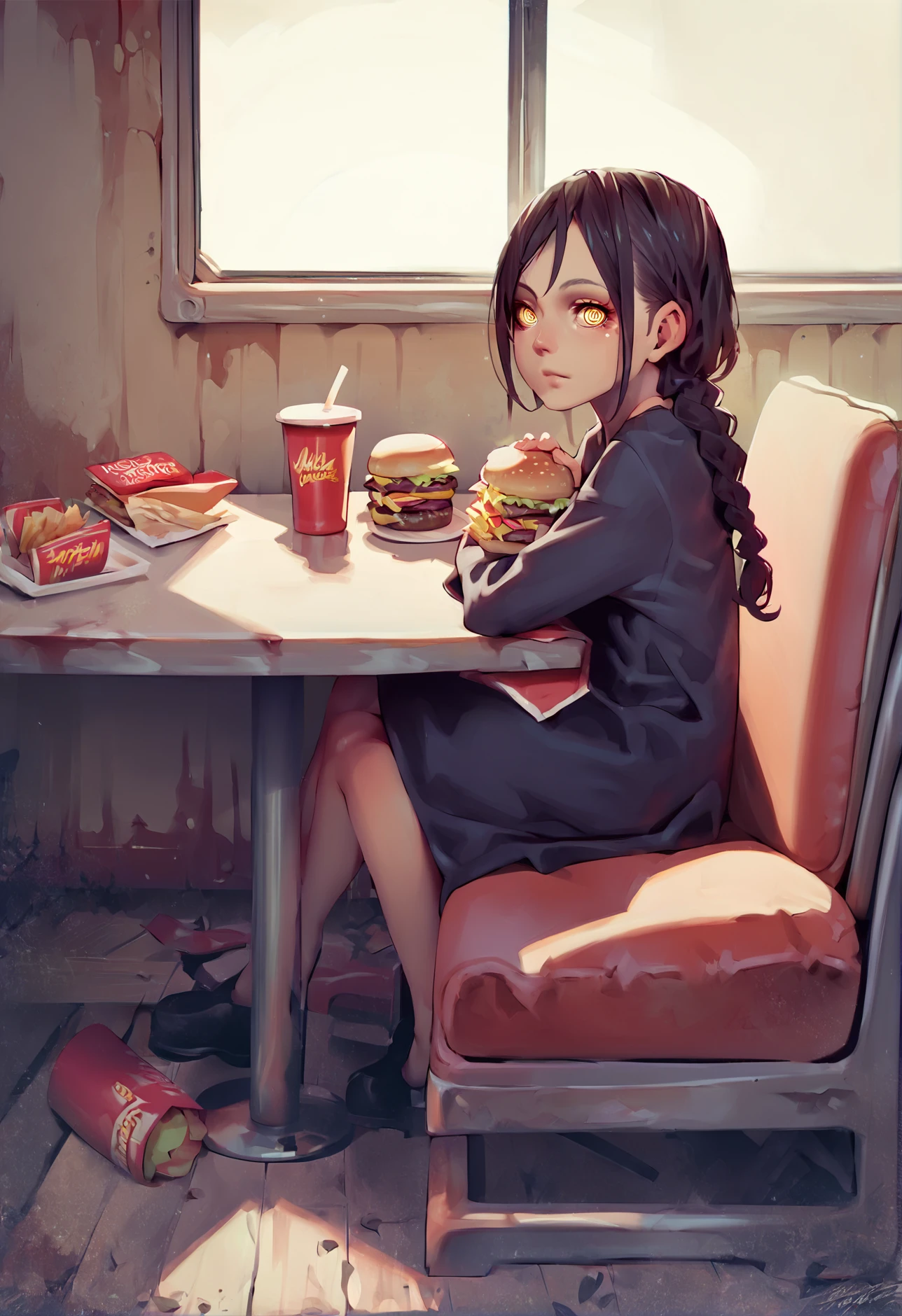 (score_9, score_8_up), score_7_up, score_6_up, score_5_up, score_4_up, Nayuta, 1girl, ringed eyes, black hair, yellow eyes, best quality, sitting, restaurant, mcdonald's, indoors, colorful, sitting on chair, table, holding burger, full mouth, puffy cheeks, ketchup on cheek, (dildo on table, dildo), looking at viewer, black dress, from above, medium hair, single braid <lora:Nayuta_CSM_XL_Pony:1> source_anime, by muk \(monsieur\), <lora:muk_pony_v1:1>