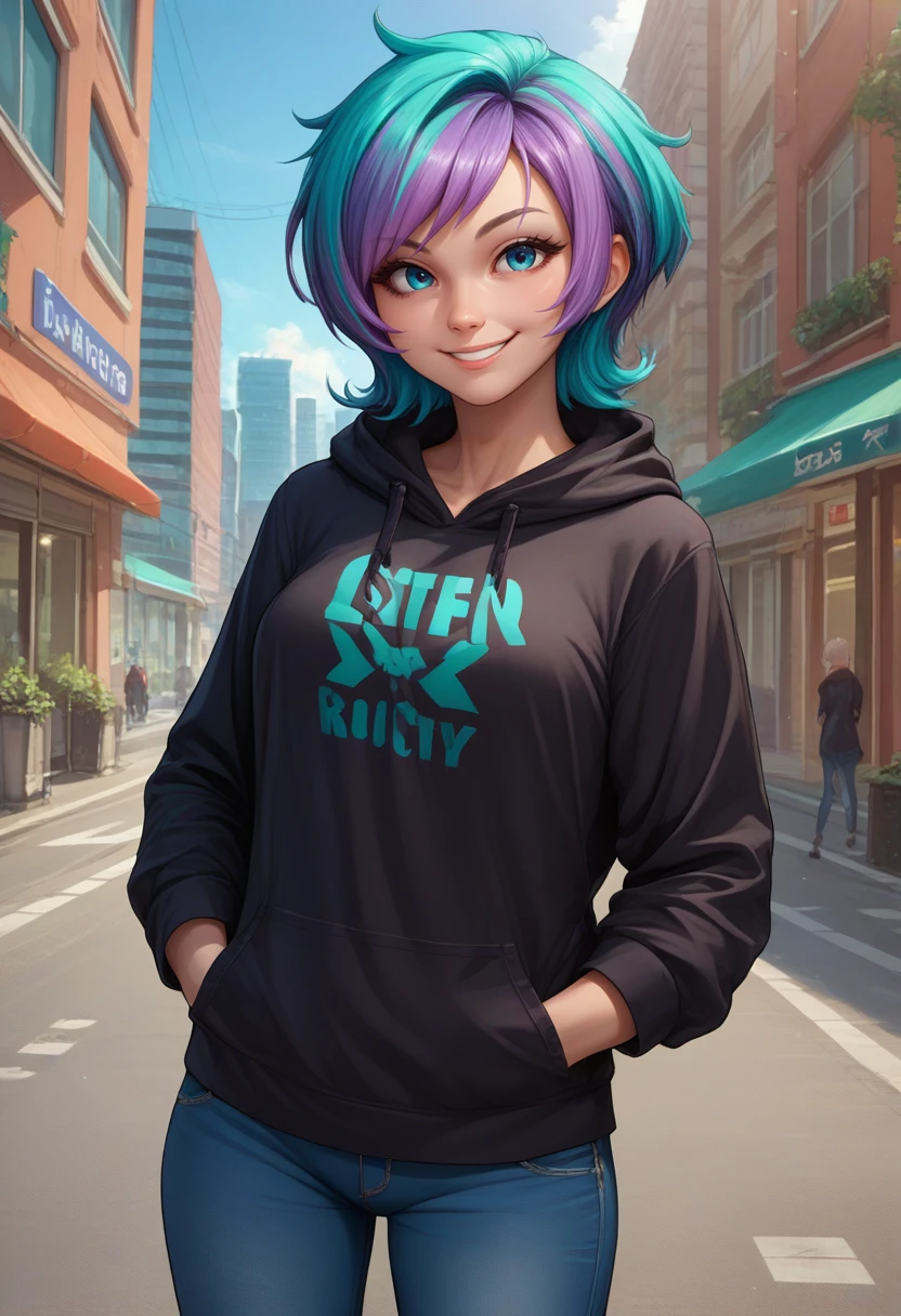 score_9, score_8_up, score_7_up, source_anime, solo, 1girl, modlacey, smile, looking at viewer, hand in pocket, multicolored hair, aqua hair, purple hair, black hoodie, jeans, outdoors, city street <lora:themodifyers_laceyshadows_ponyXL:1>