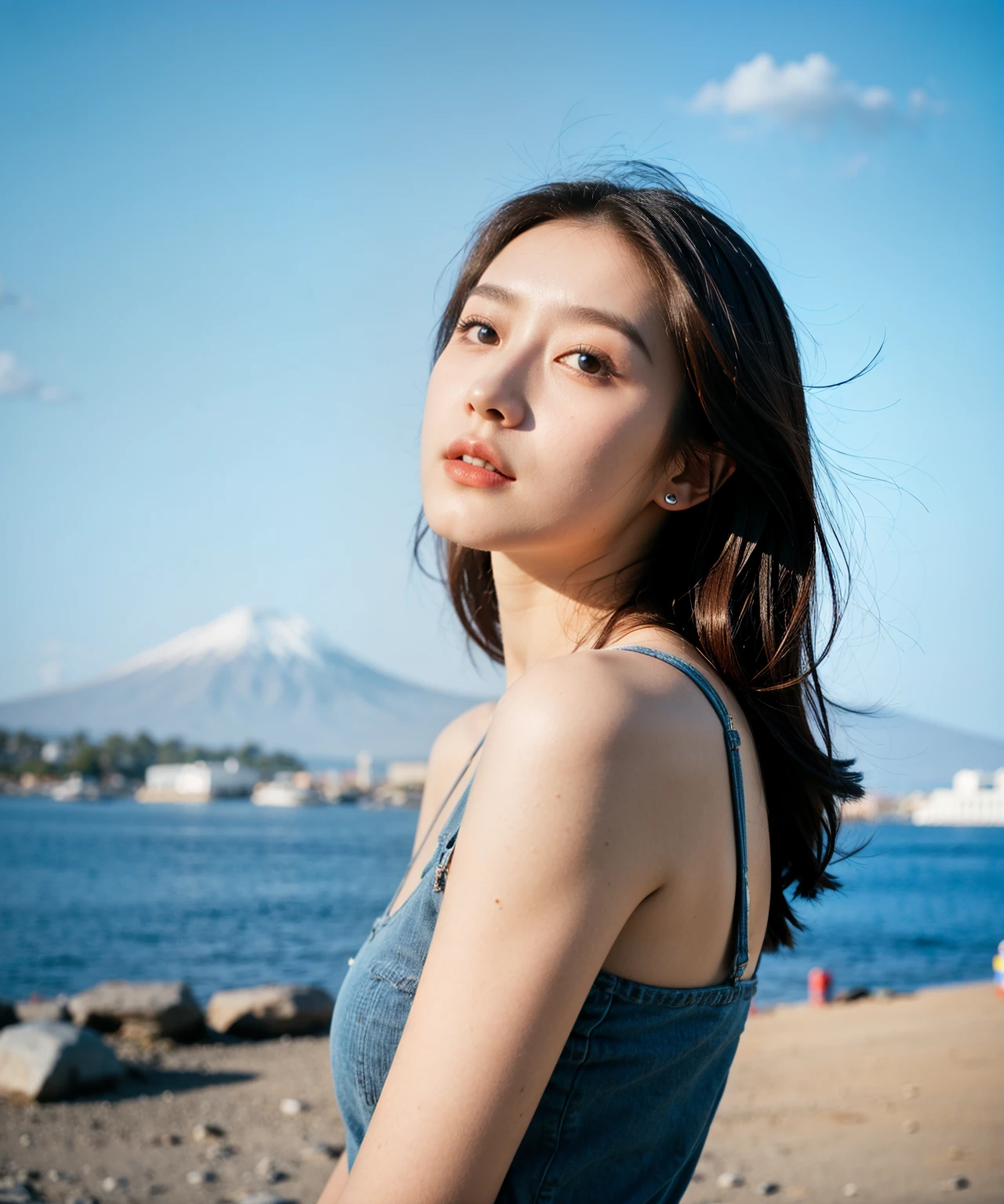 Best quality, masterpiece, film grain, photo by fuji-proplus-ii film, helf-length portrait, raw photo of 20 years old woman, waist up, blue sky, outdoor, high key light, soft shadow, dark theme,
 <lora:hinaFilmFujiProPlusII_v1:0.6>