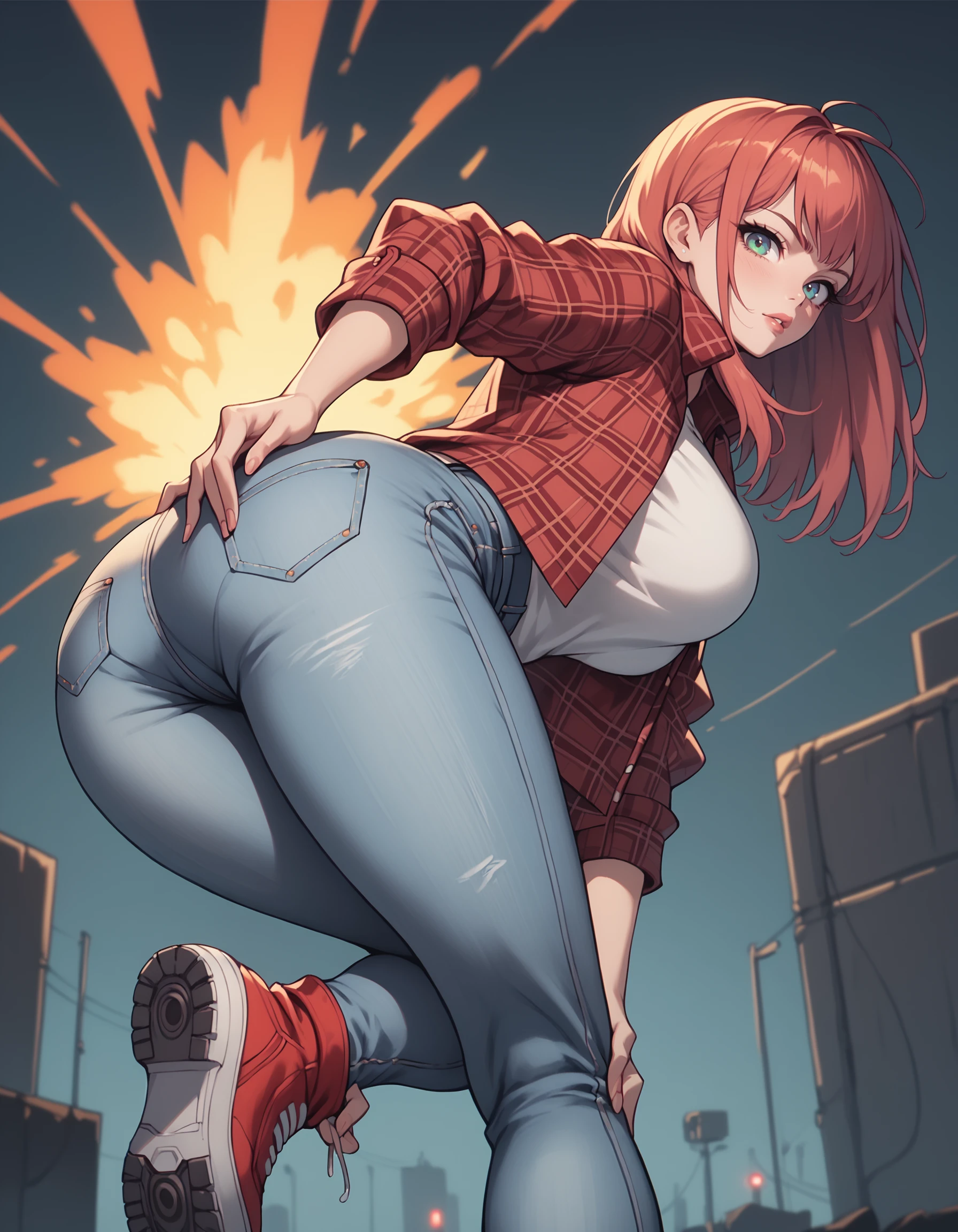 score_9, score_8_up, score_7_up, score_6_up, score_5_up, score_4_up, 1girl, solo, plaid flannel jacket, wearing a red band tshirt, denim jeans, neon futuristic, sakura falling, voluptuous, lifting leg, trying to fart, bent over, blue liquid explosion, looking at viewer,