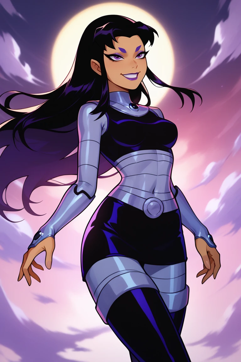 score_9, score_8_up, score_7_up, BREAK, 1girl, solo, breasts, <lora:blackfire-guy-PONYv1:1>, blackfire, makeup, lipstick, bodysuit, thigh boots, floating, midair, smile,