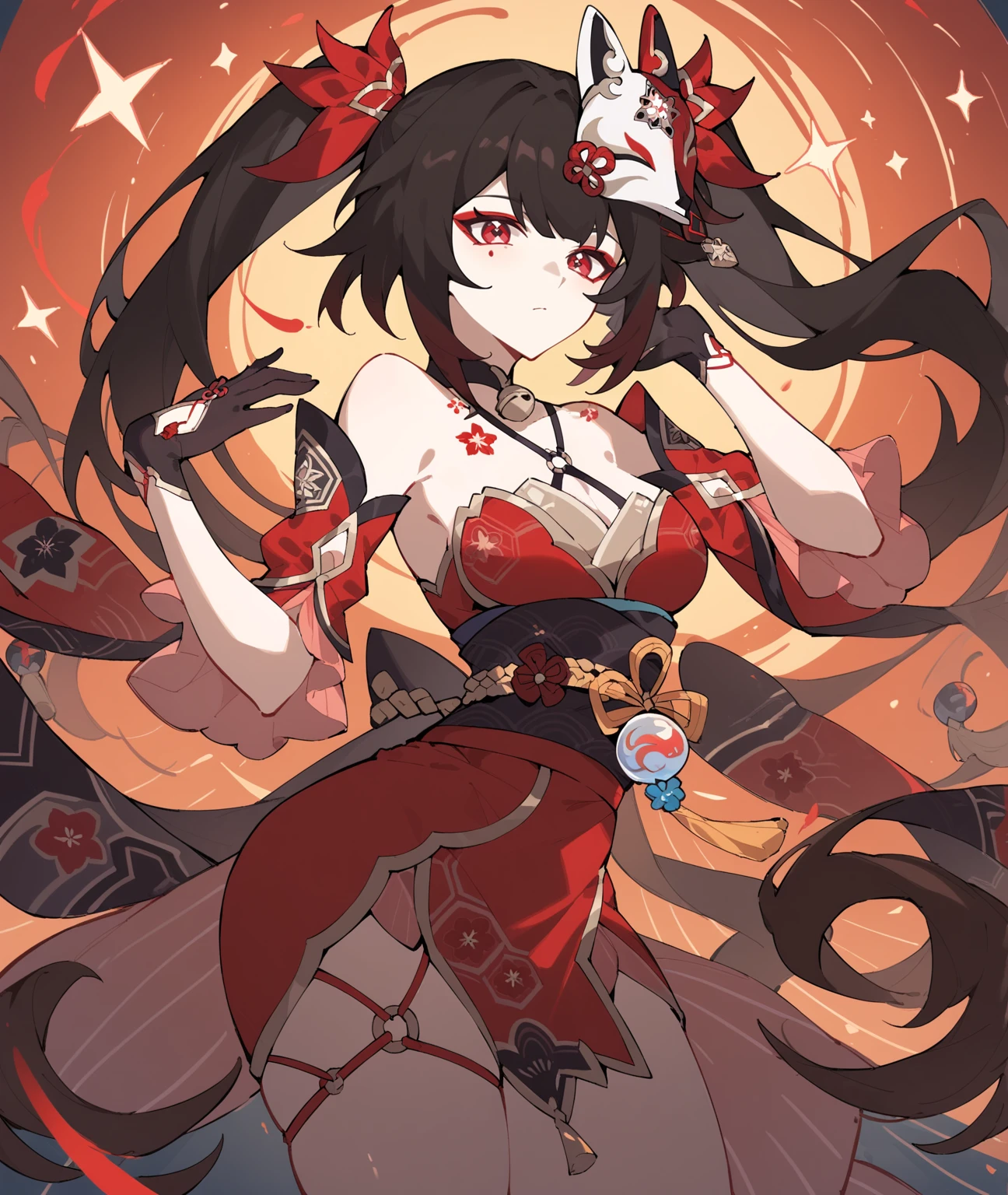 score_9, score_8_up, score_7_up, score_6_up, sparkle \(honkai: star rail\), 1girl, twintails, black hair, medium breasts, red eyes, red eyeshadow, fox mask,
<lora:SparkleV3:1>
