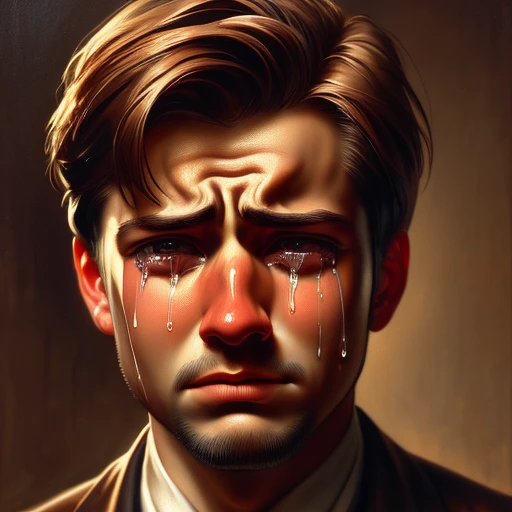 Highly detailed oil painting of a man with brown hair, tears streaming down his face, emotional expression captured in lifelike detail, realistic style inspired by John Singer Sargent and Edgar Degas, intricate brushstrokes capturing the raw emotion of the subject. <lora:Crying-Emotional:0.75>