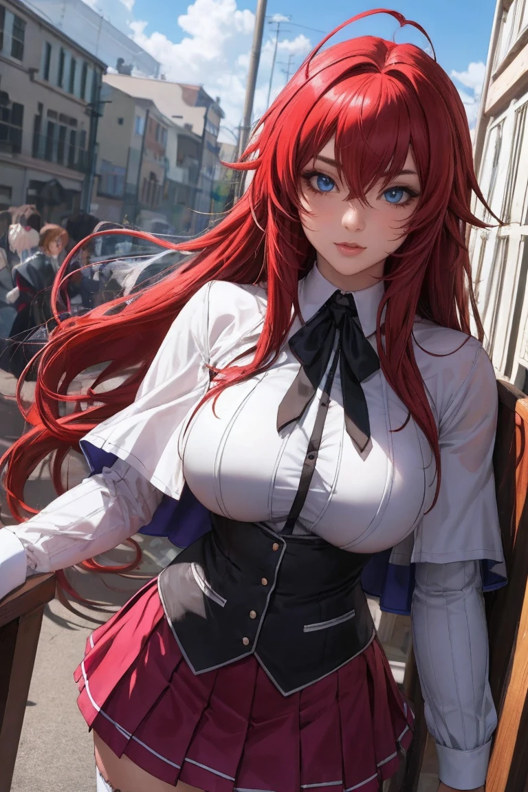 masterpiece, best quality, high quality, highres, outdoors, day, upper body, looking at viewer, solo, focused, BREAK, 
ANIME_DxD_Rias_Gremory_ownwaifu, 
1girl, bangs, long hair, red hair, breasts, large breasts, rias gremory, blue eyes, hair between eyes, very long hair, collarbone, hair intakes,  hair over breasts, 
black capelet, black corset, collared shirt, kuoh academy school uniform, layered skirt, underbust, school uniform, skirt, shirt, long sleeves, purple skirt, ribbon, miniskirt, neck ribbon, thighhighs, black ribbon, 
<lora:ANIME_DxD_Rias_Gremory_ownwaifu:0.65>