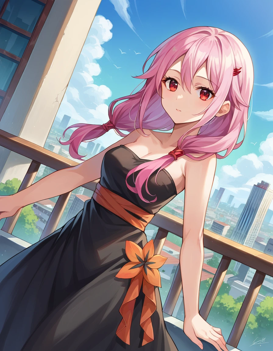 score_9, score_8_up, score_7_up, source_anime,
inoriyuzuriha, <lora:inori-yuzuriha-ponyxl-lora-nochekaiser:1>,
inori yuzuriha, hair ornament, hairclip, long hair, pink hair, red eyes, twintails, mature female,
black dress, dress, strapless, strapless dress,
outdoors, cityscape,
looking at viewer, dutch angle, cowboy shot,