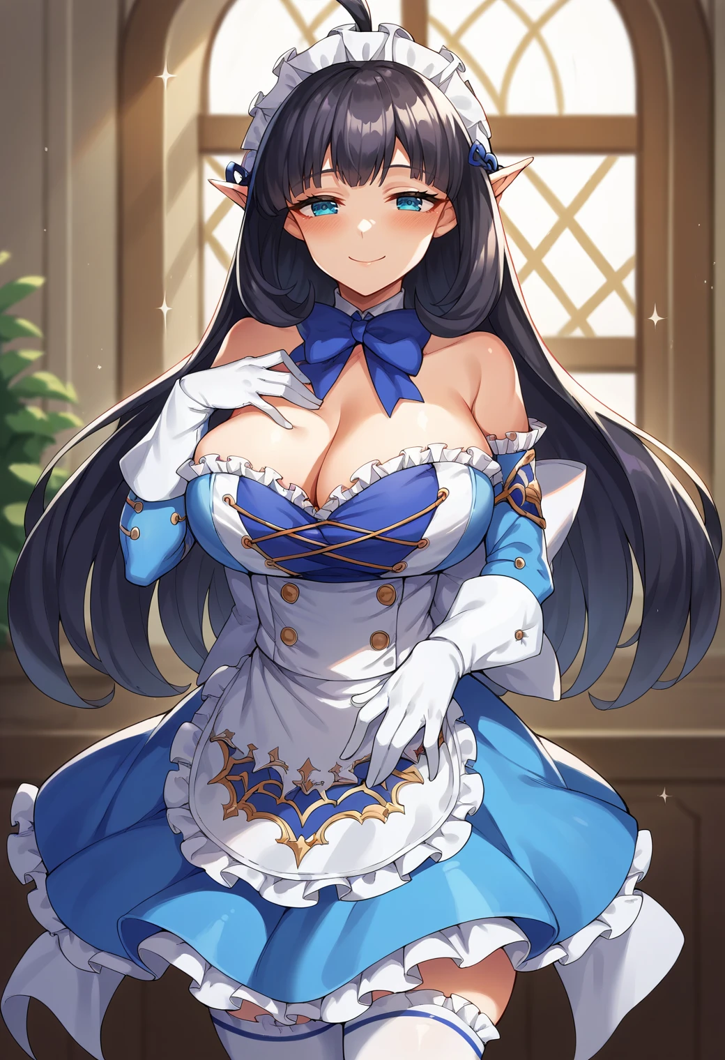 score_9, score_8_up, score_7_up, source_anime, mirianne, maid headdress, cleavage, frilled dress, bowtie, detached sleeves, white gloves, white thighhighs, standing, hand to chest, smile, happy, half-closed eyes, blush, [[huge breasts]], cowboy shot, (looking at viewer), skirt hold, <lora:mirianne-ponyxl-beta4-08:1.0>