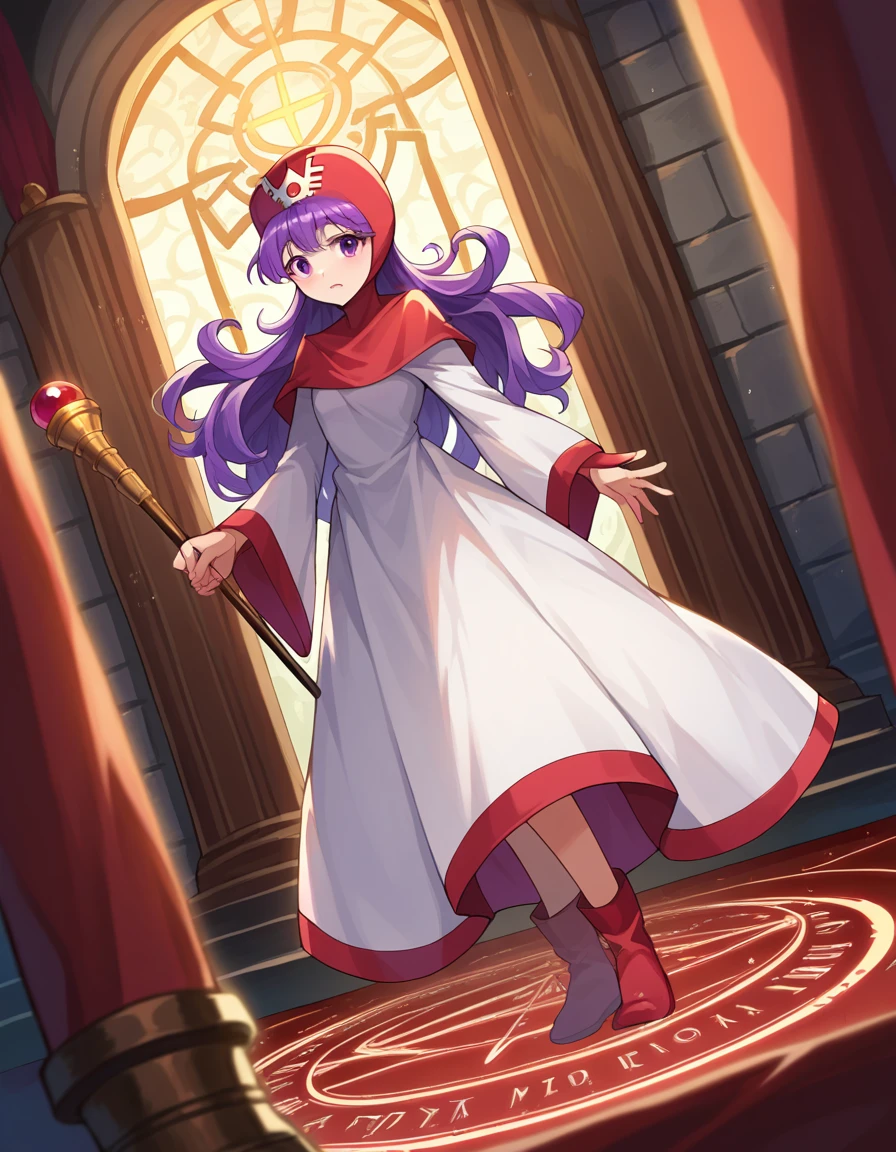 score_9, score_8_up, score_7_up, source_anime,
princessofmoonbrook, <lora:princess-of-moon-brook-ponyxl-lora-nochekaiser:1>,
princess of moonbrook, purple eyes, purple hair, long hair,
boots, bridal gauntlets, dress, hood, hood up, long sleeves, red footwear, white dress, wide sleeves,
indoors, throne room, staff, holding staff, magic, magic circle,
looking at viewer, dutch angle, cowboy shot,