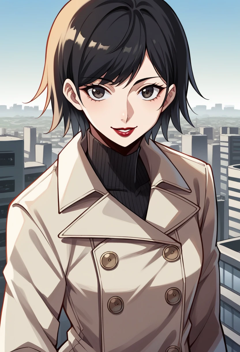 score_9, score_8_up, score_7_up, source_anime BREAK 1girl, solo, <lora:zs_TakaoXL:1> takaosmtiii, black hair, short hair, beige coat, turtleneck, black pants, rooftop, skyline, city, yellow sky, looking at viewer, smile, lipstick