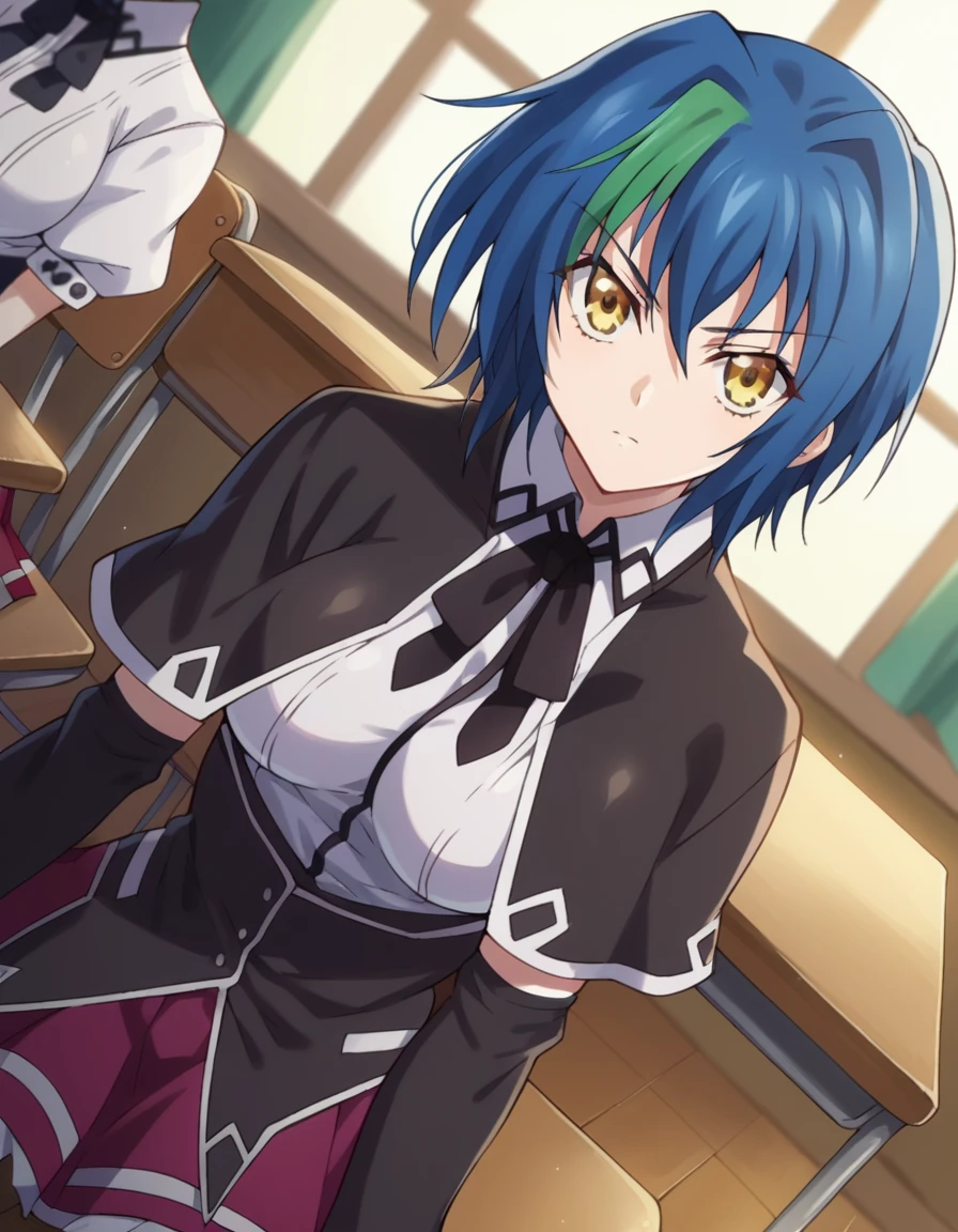 score_9, score_8_up, score_7_up, source_anime,
xenoviaquarta, <lora:dxd-xenovia-quarta-ponyxl-lora-nochekaiser:1>,
xenovia quarta, short hair, blue hair, yellow eyes, multicolored hair, green hair, two-tone hair, streaked hair,
shirt, ribbon, school uniform, white shirt, black ribbon, neck ribbon, capelet, black capelet, long sleeves, skirt, red skirt,
indoors, classroom, sitting, desk, chair,
looking at viewer, dutch angle, cowboy shot,