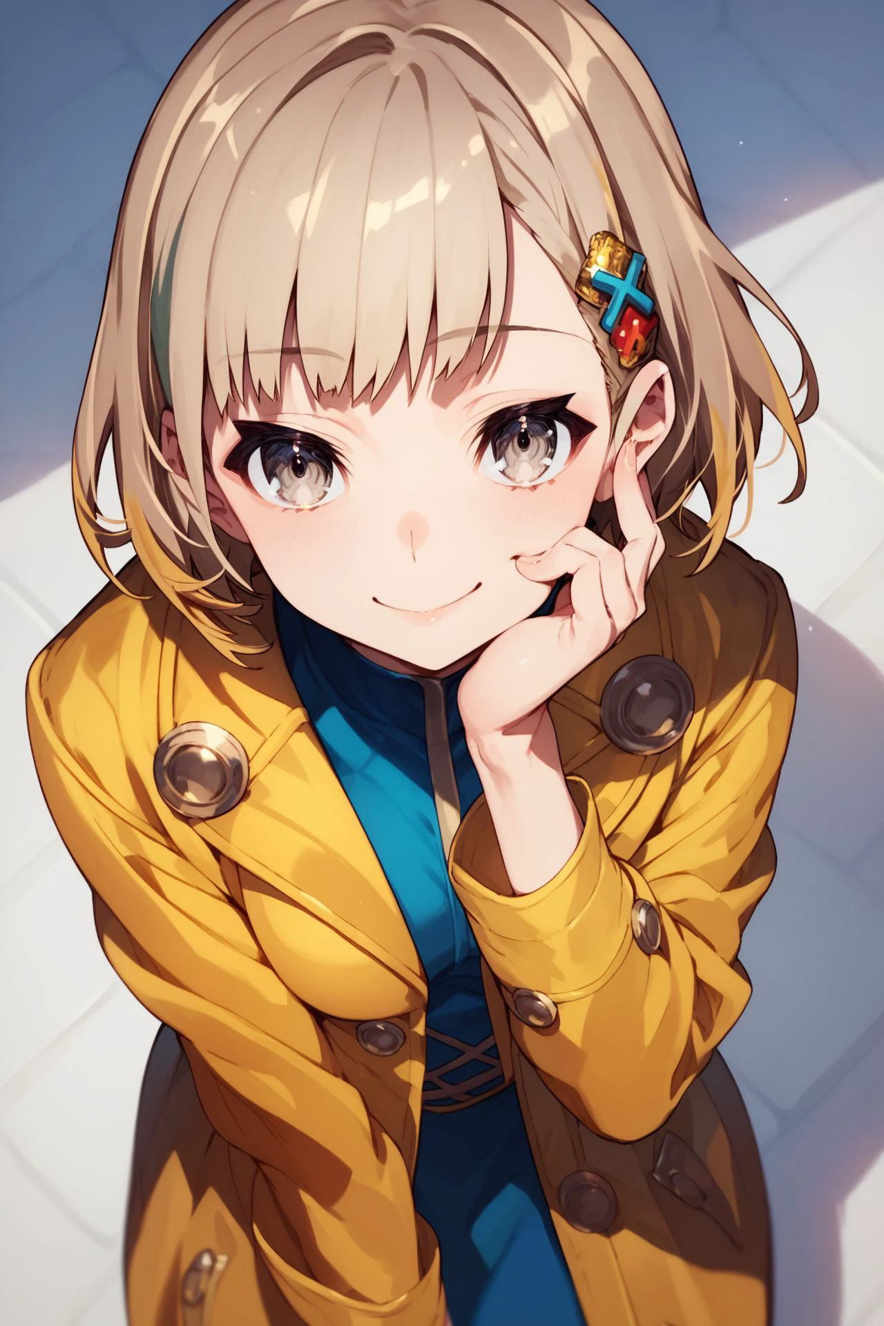 score_9, score_8_up, score_7_up, 1girl, looking at viewer, hand on own cheek, naughty smile, light brown hair, multicolored hair, short bangs, hair ornament, silver eyes, small breasts, golden coat, from above, detailed background, <lora:mika_pikazo_PonyXL_style_v01:1>